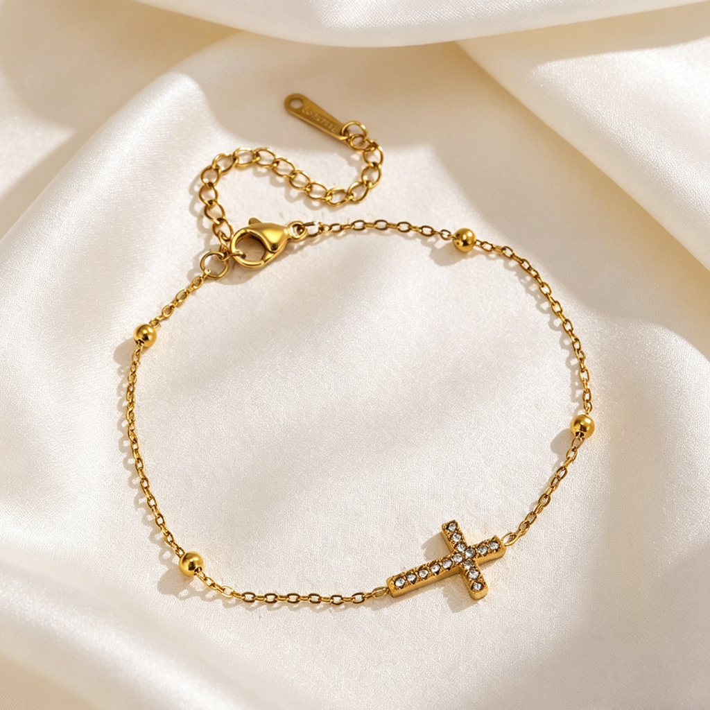Pulsera de cruz de circones con balines - Dorado