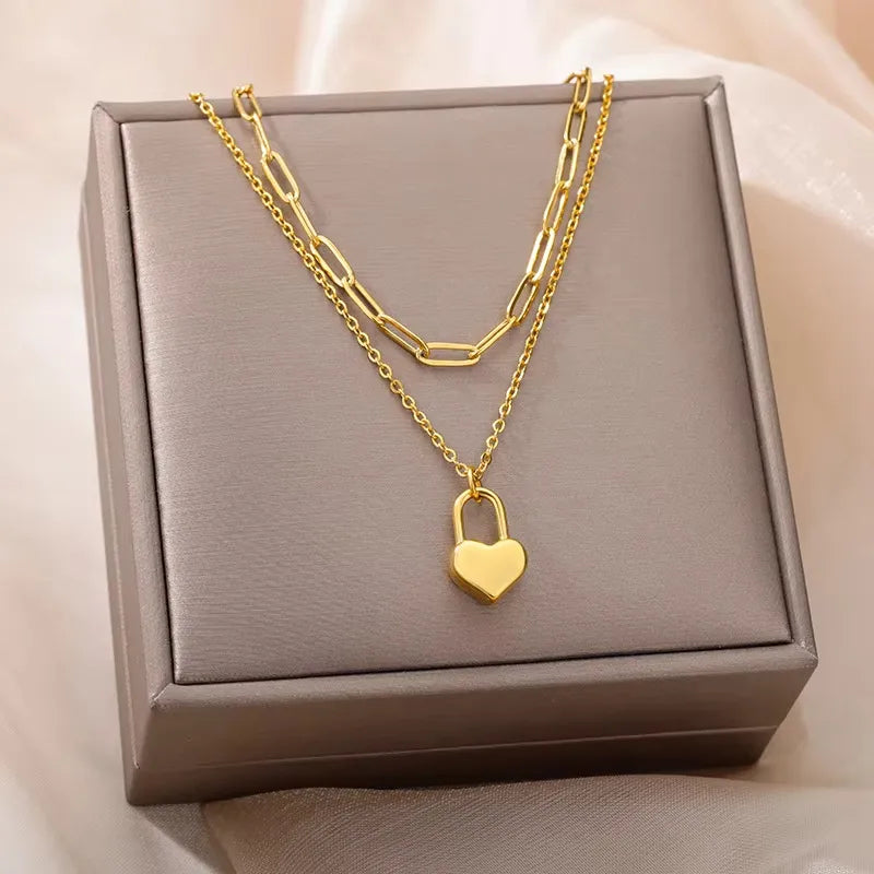 Cadena doble con candado de corazon