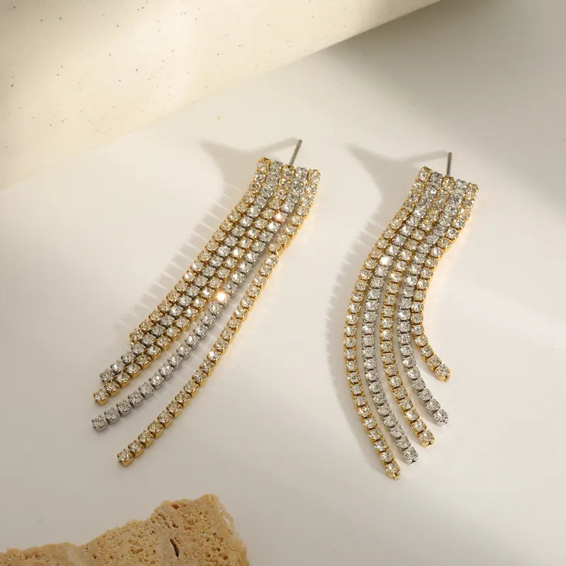 Zarcillos largos de circones - Dorado con plateado