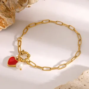 Pulsera de eslabones con corazon rojo
